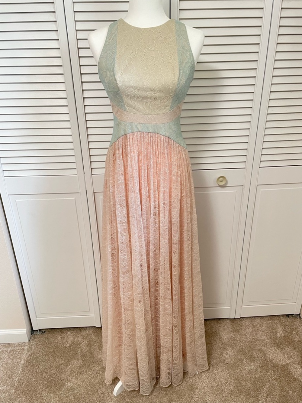 Adrianna Papell Apricot Cream Colorblock Chantilly Lace Sleeveless Gown Fairy
